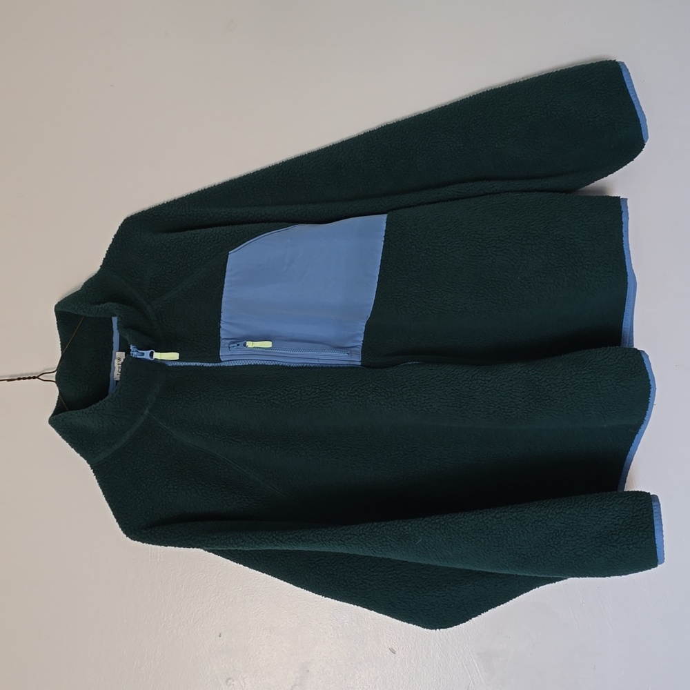 J. Crew Green Teddy Bear Fleece Zip Front Jacket Blue Accents - Picture 2 of 10